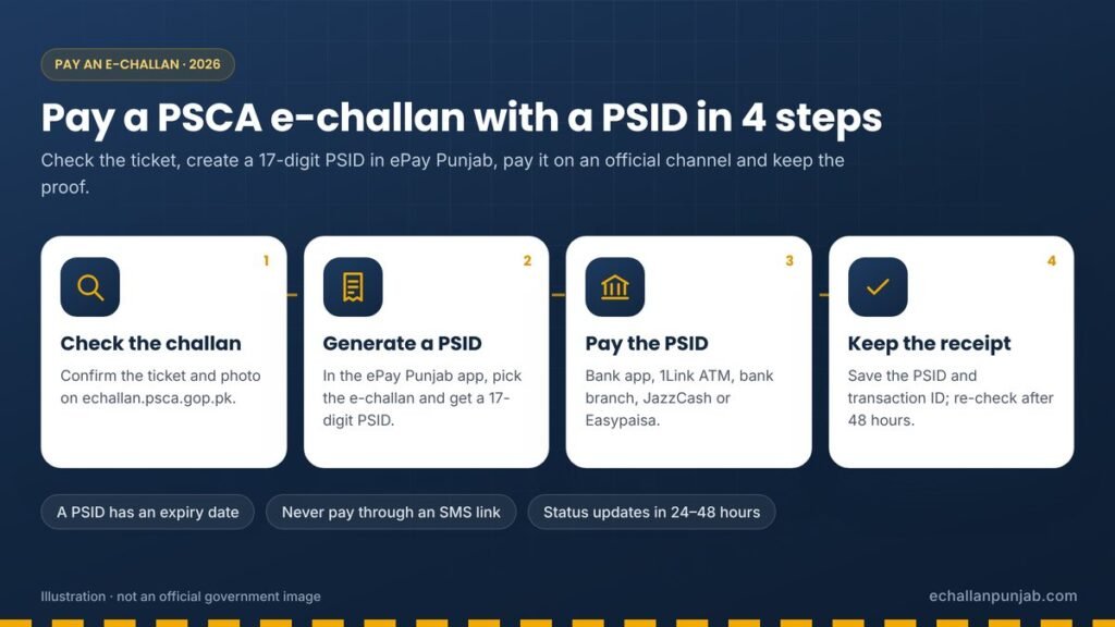 Pay e-challan online with a PSID in four steps: check the challan, generate a 17-digit PSID in ePay Punjab, pay the PSID, keep the receipt